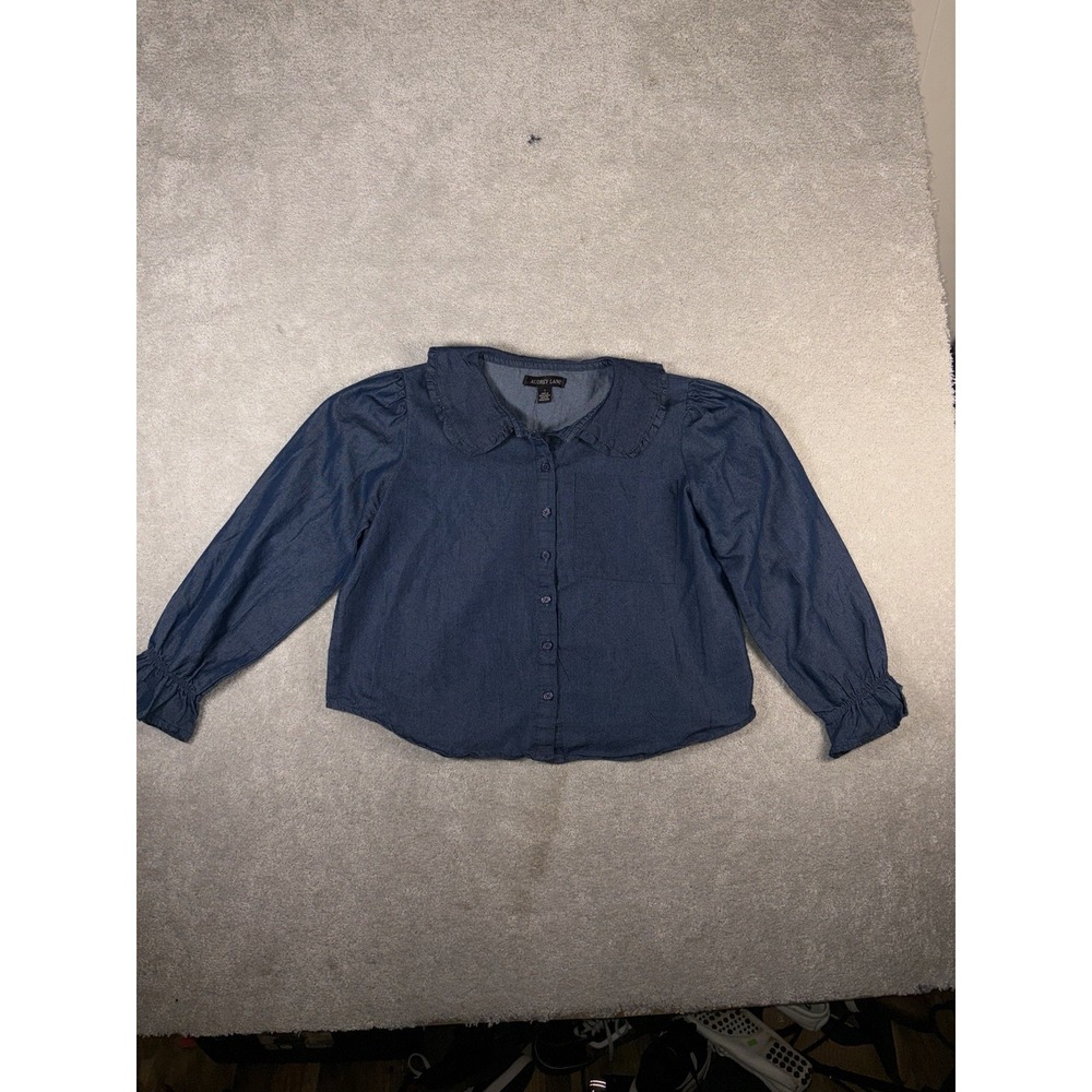 Audrey Lane brand denim blouse collared puff‎ sleeve L